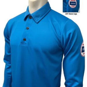 A blue long sleeve shirt with a patch on the left chest.