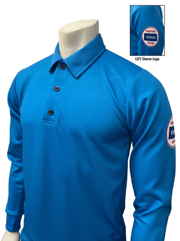 A blue long sleeve shirt with a patch on the left chest.
