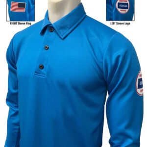 A blue long sleeve shirt with an american flag on the left chest.