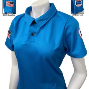 A woman wearing a blue shirt with an american flag on the front.