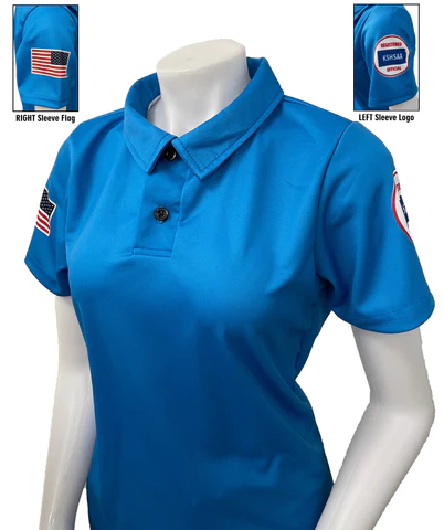 A woman wearing a blue shirt with an american flag on the front.
