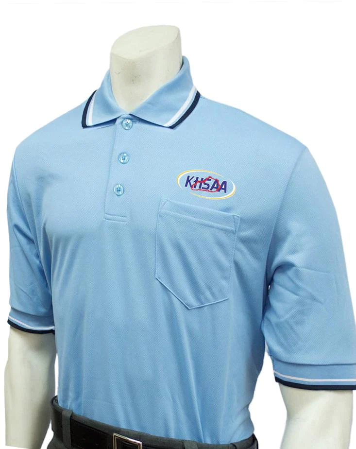 A light blue shirt with black trim and logo.