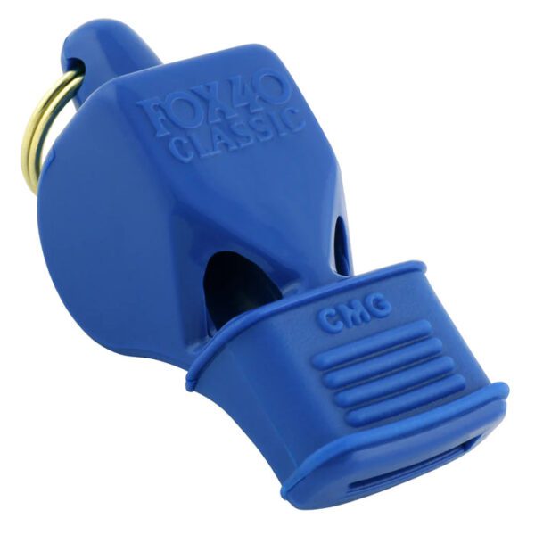 A blue plastic whistle with a key ring attached.