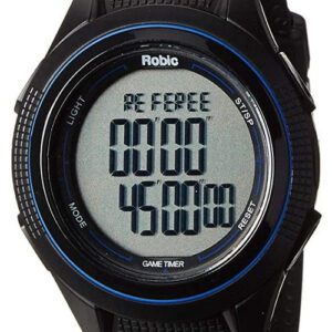 A black and blue watch with the time written in spanish.