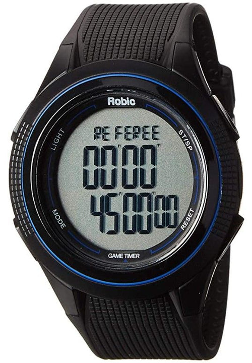 A black and blue watch with the time written in spanish.