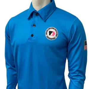 A blue long sleeve shirt with an american flag patch.