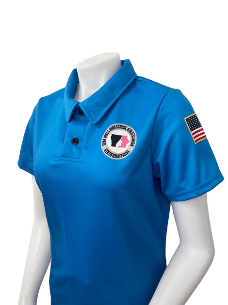 A woman wearing a blue polo shirt with an american flag on the chest.