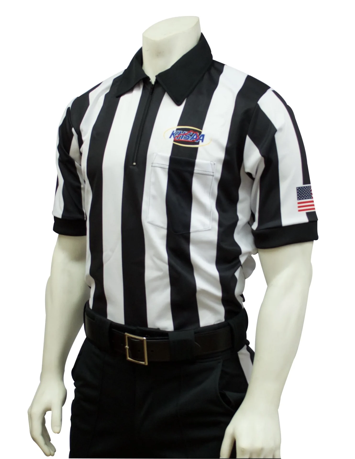 A referee shirt with the american flag on it.