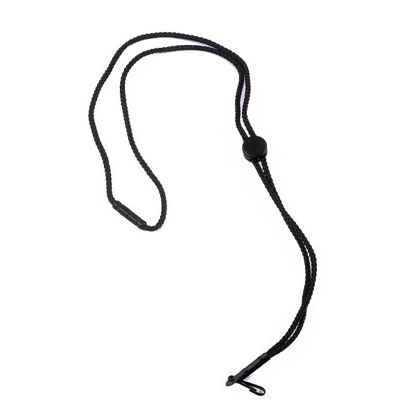 A black lanyard with a black string hanging from it.