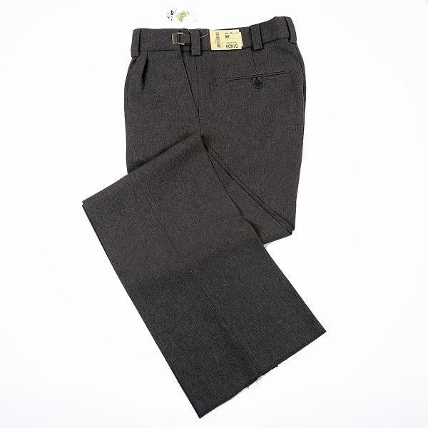 A pair of grey pants with a belt around the waist.
