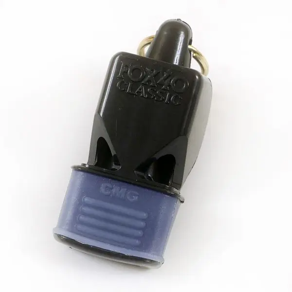 A black and blue whistle on top of a white background.