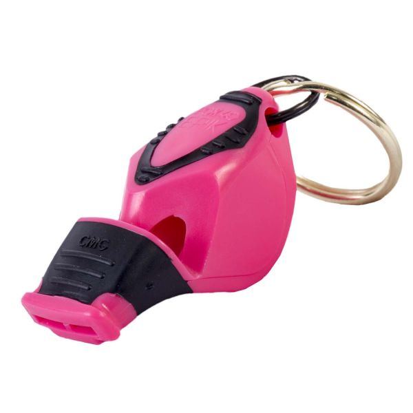 A pink and black whistle with a key ring attached.