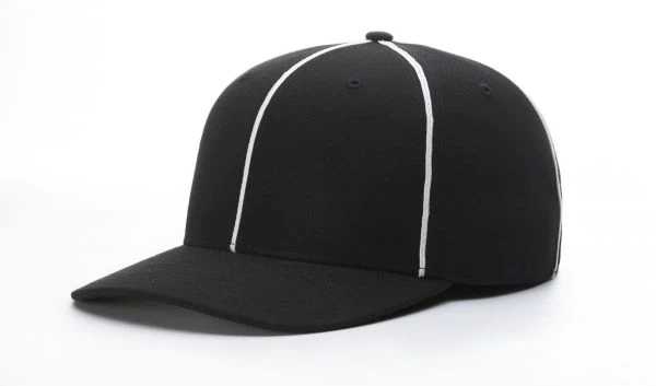 A black hat with white lines on it.