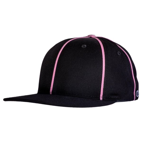 A black hat with pink trim on top of it.