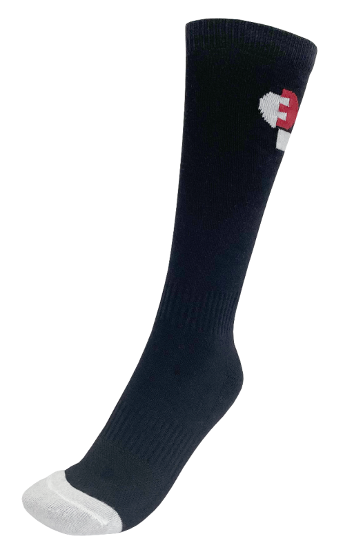 A black sock with red and white logo.