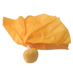 A yellow umbrella with a white ball on top of it.