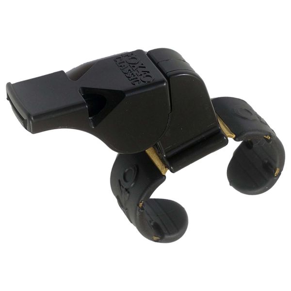 A black and gold metal whistle with two rubber grips.