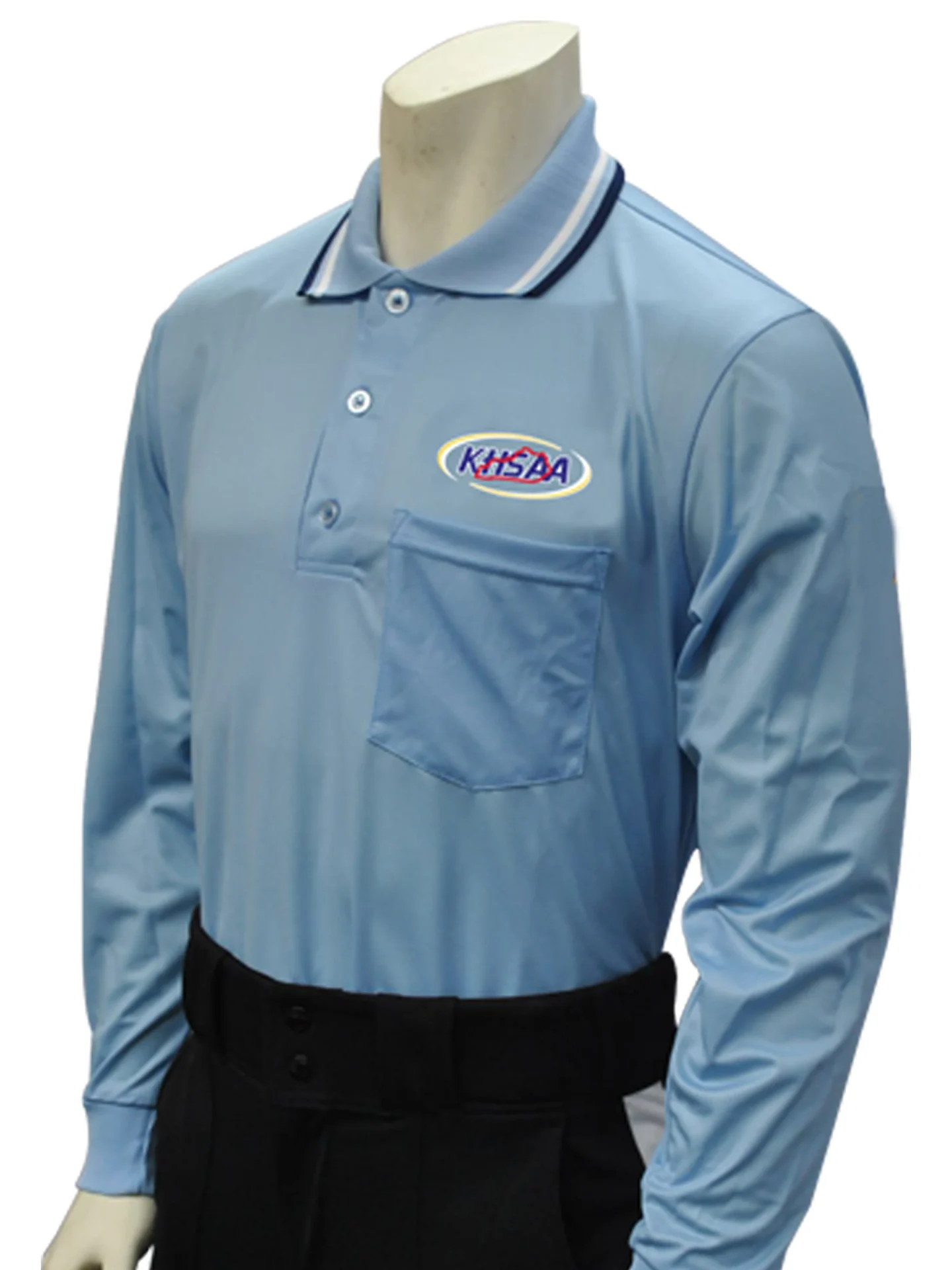 A light blue long sleeve referee shirt with the ford logo on it.