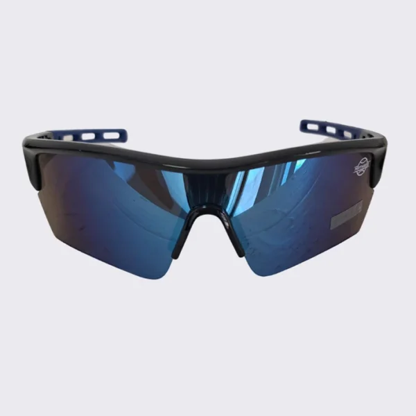 A pair of blue sunglasses with black frames.