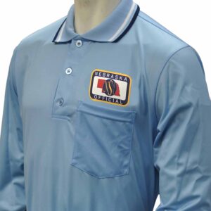 A light blue referee shirt with a patch on the chest.