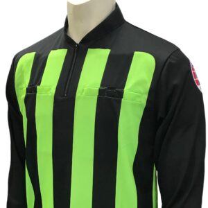 A referee shirt with neon green stripes on it.