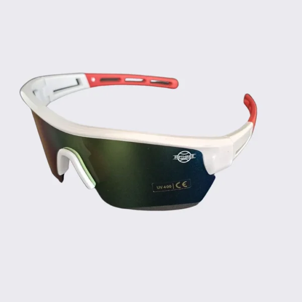 A pair of sunglasses with red and white frames.