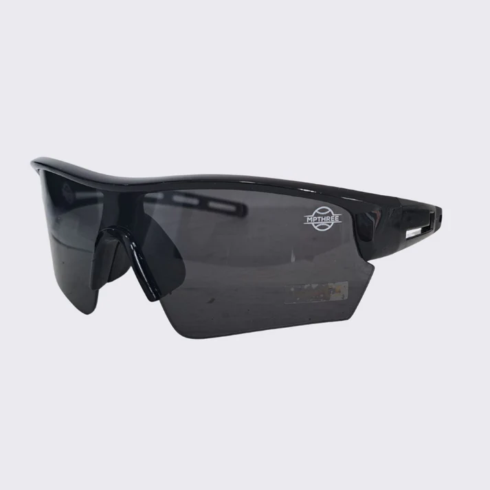 A pair of sunglasses with a black frame and grey lens.