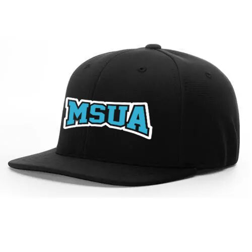 A black hat with blue letters on it.