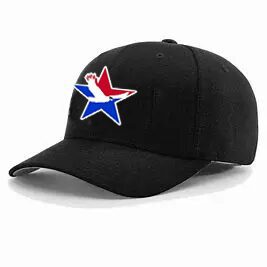 A black hat with a red, white and blue star on it.