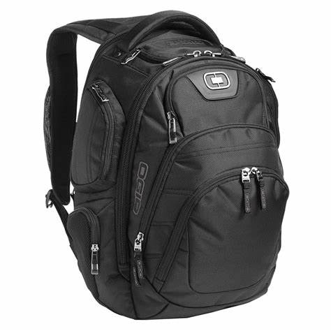 A black backpack with many compartments and zippers.
