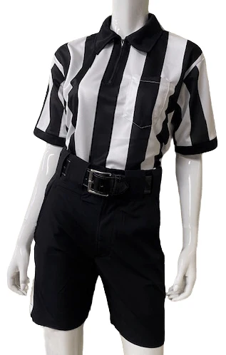 A referee is wearing black and white striped shirt.