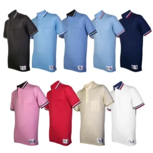 A group of different colored polo shirts.