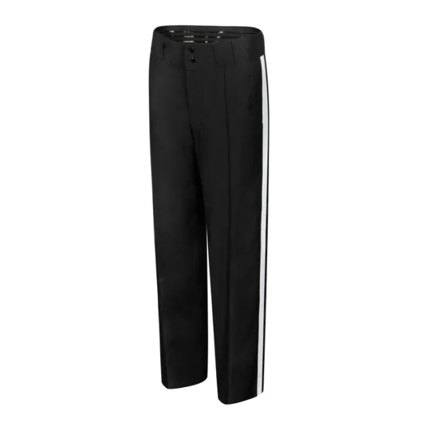 A pair of black pants with white stripes on the side.
