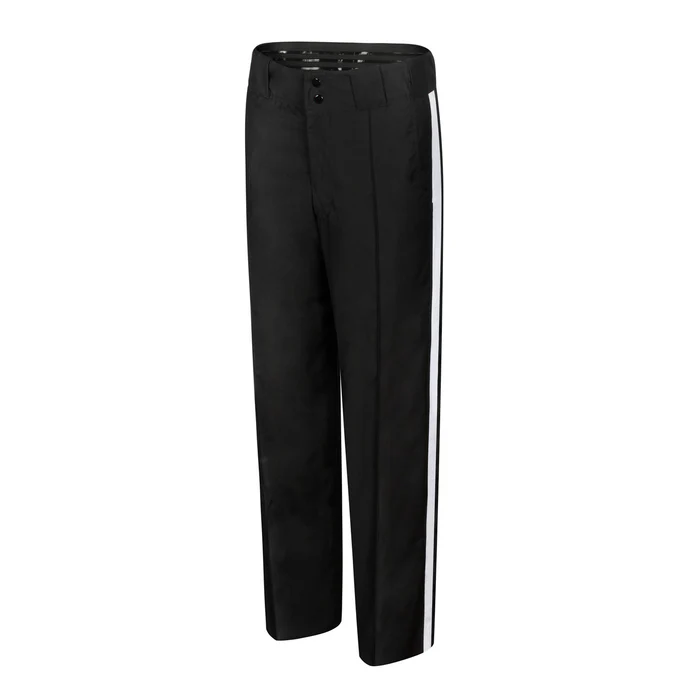 A pair of black pants with white stripes on the side.