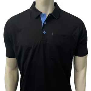 A black polo shirt with blue collar and buttons.