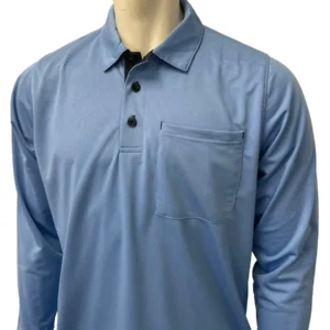 A man wearing a blue shirt with black collar.