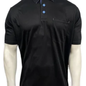 A man wearing black polo shirt with blue buttons.