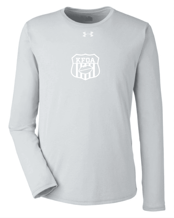 A white long sleeve shirt with the logo of the ua athletic department.