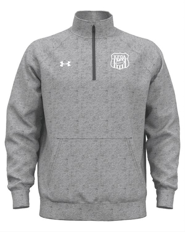 A gray under armour jacket with the logo of the men 's soccer team.