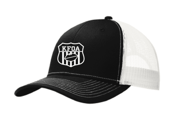 A black and white hat with the letters kfda on it.