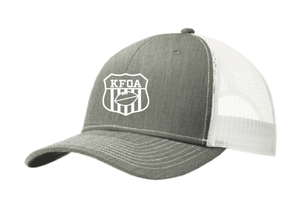 A gray and white hat with the keoa shield logo.