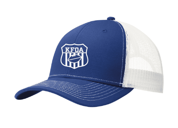 A blue and white hat with the keoa logo on it.