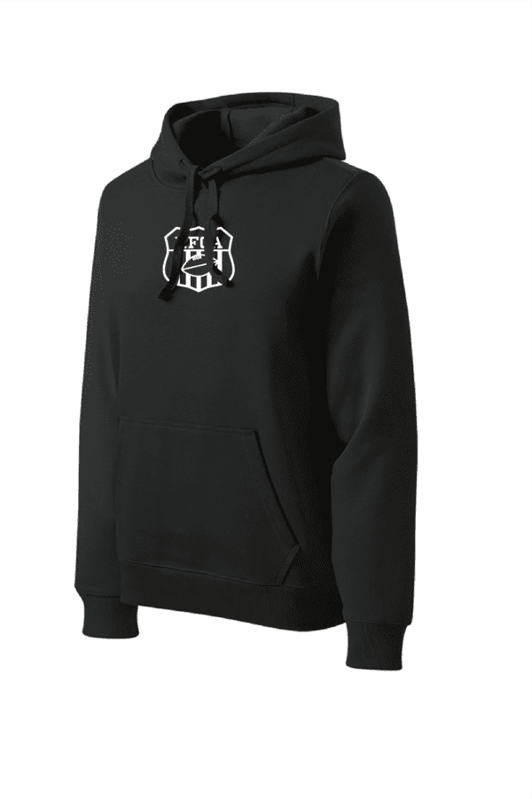 A black hoodie with a white logo on it.