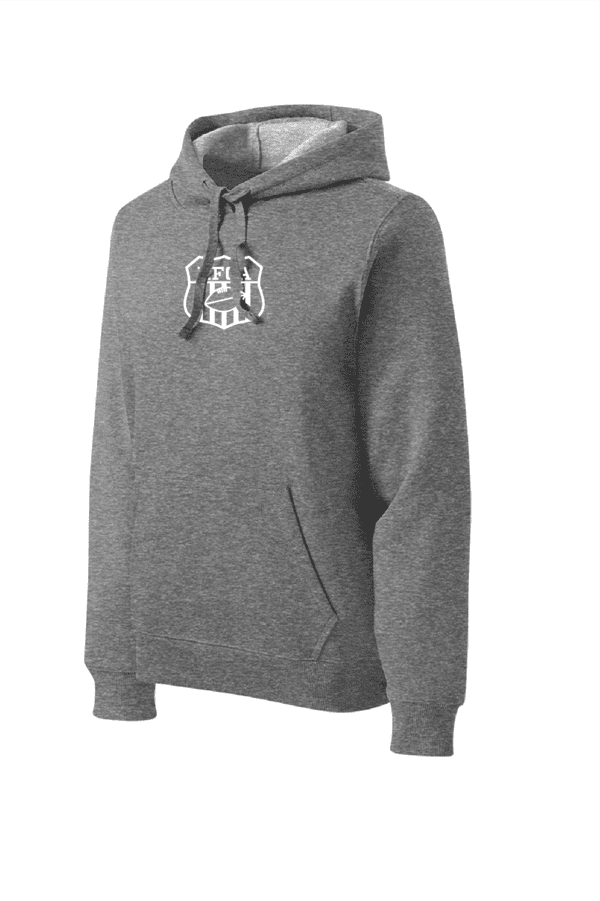 A gray hoodie with a patch on the front.