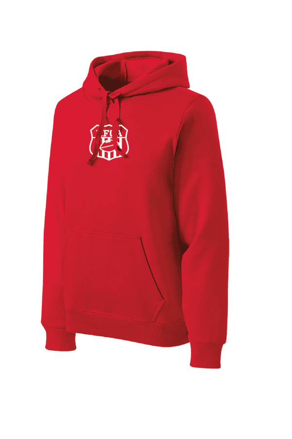 A red hooded sweatshirt with the logo of a fire department.