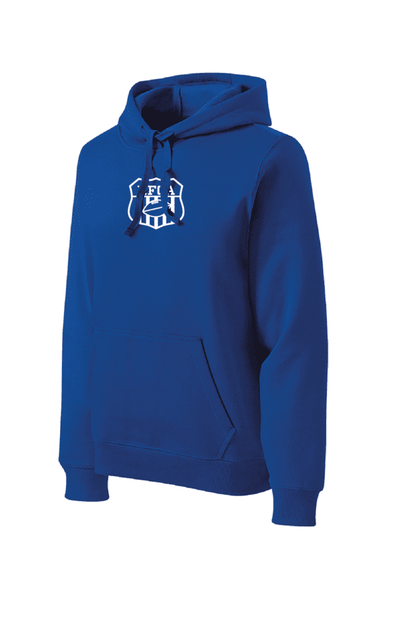 A blue hooded sweatshirt with the words " fire department " on it.