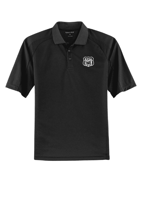 A black polo shirt with a logo on the chest.