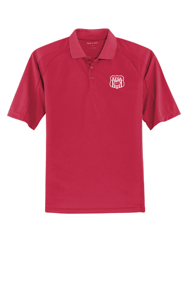 A red polo shirt with the logo of a sports team.