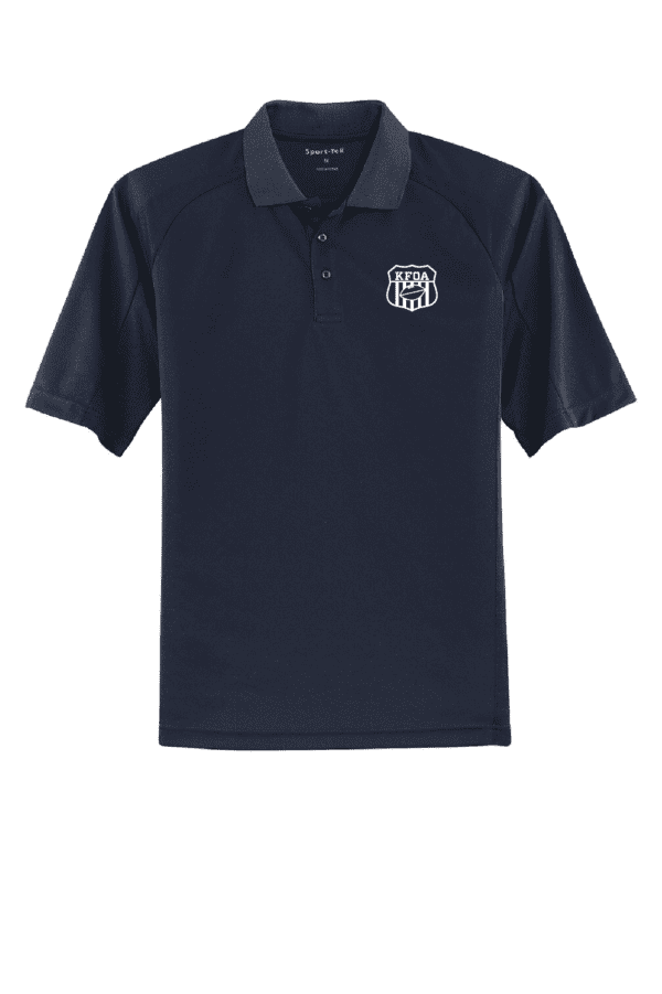 A navy blue polo shirt with an embroidered logo.