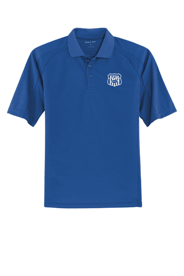 A blue polo shirt with the image of a police badge.